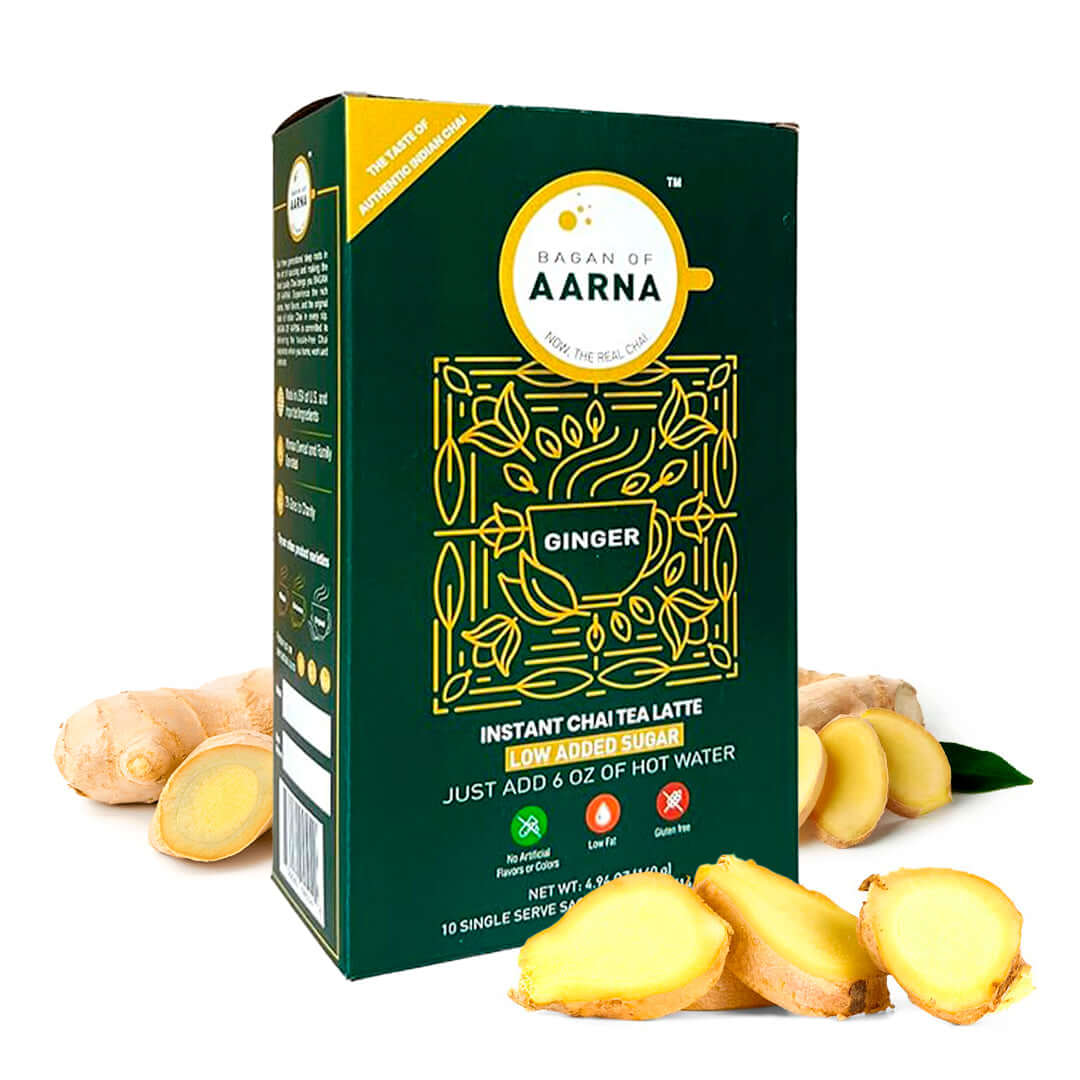 Instant Ginger Chai Tea box with fresh ginger, perfect for a quick cup of instant chai latte or masala chai mix.