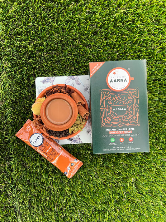 Product shot of instant chai latte showcasing packaging and branding.