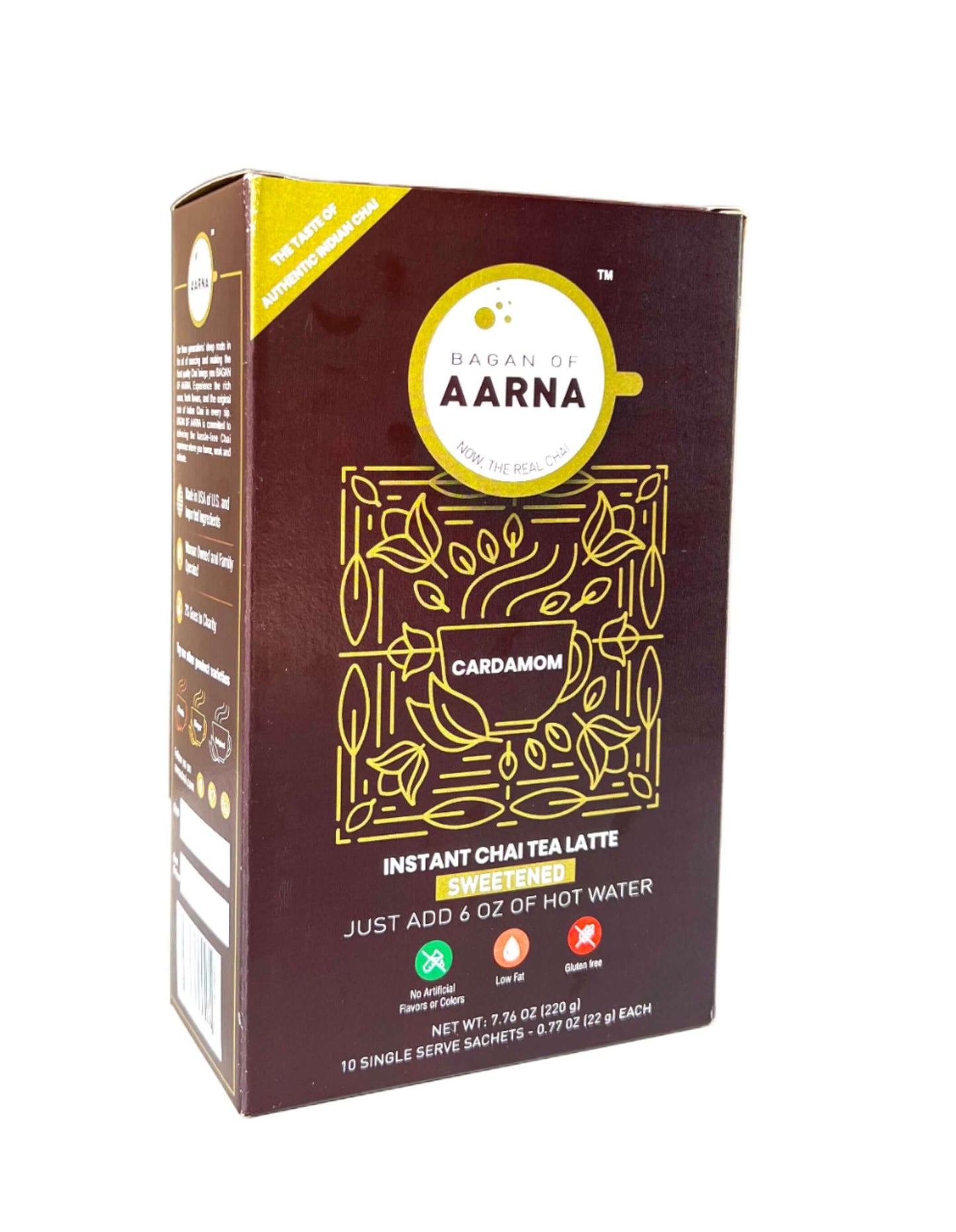 Instant Cardamom Chai Tea box featuring instant chai latte, cardamom flavors, and easy instructions for preparation.