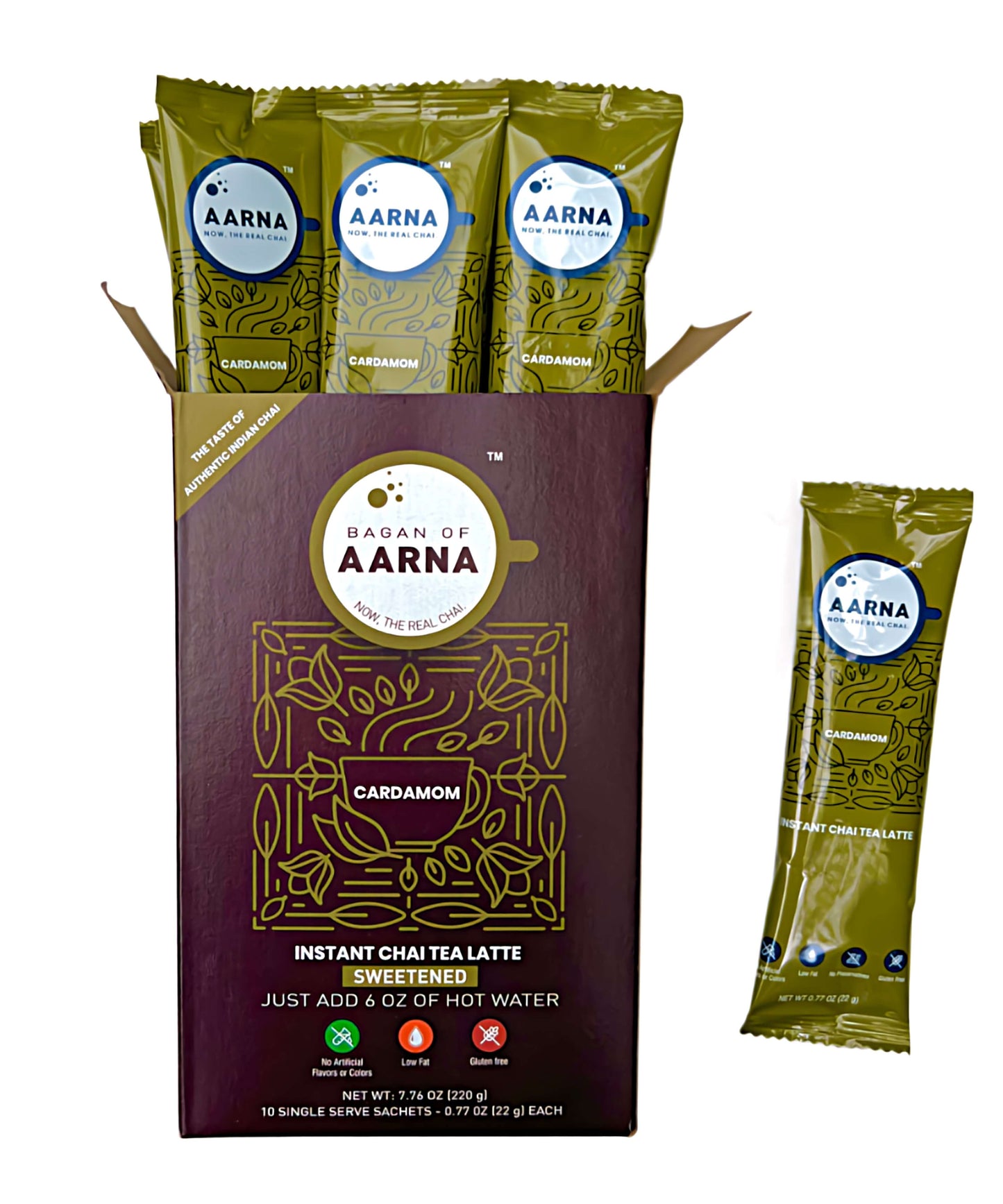 Instant Cardamom Chai Tea packaging with sachets showcases a warm, flavorful chai experience.